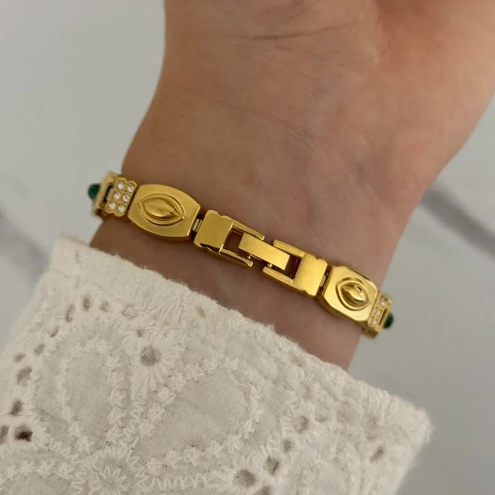 SKU0071Casual Gold Green Gemstones Women Fashion Watch‎ stainless steel+gift bag